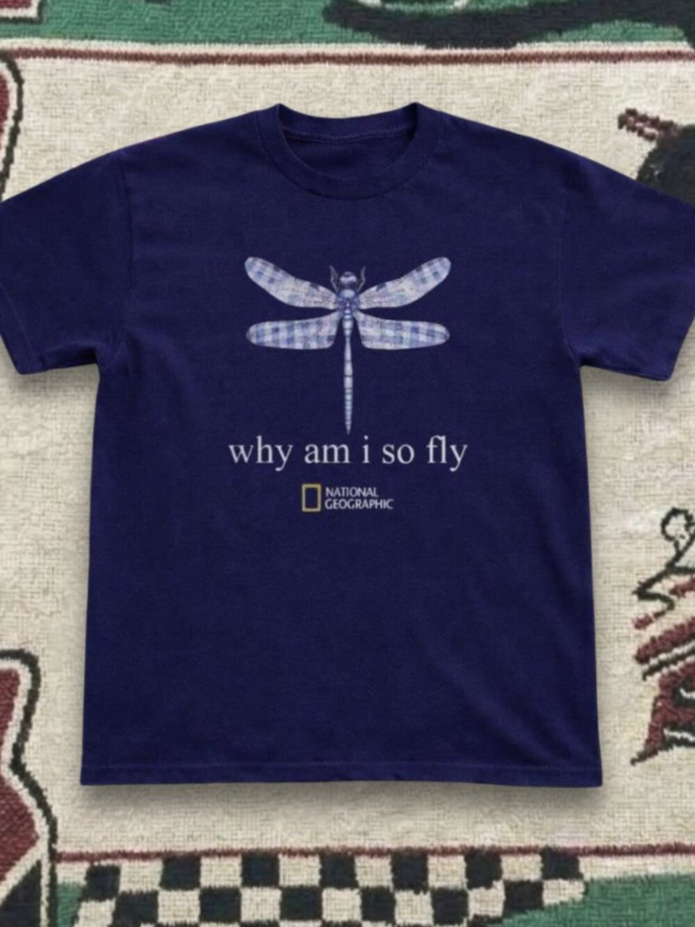National Geographic ''Why Am I So Fly'' Blue Dragonfly Plaid Graphic Navy